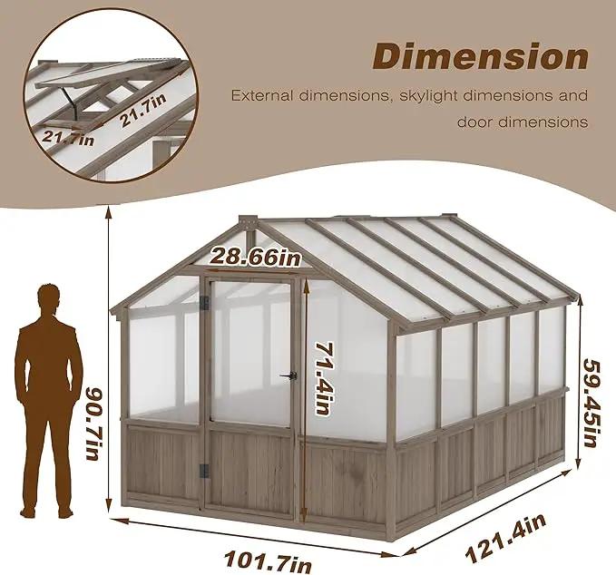 8x10 FT Greenhouse Kit with 6MM Thick Polycarbonate Panel for Outdoor, Wooden Walk-in Green House with Adjustable Roof Vent and Lockable Door, Backyard, Garden, Light Mocha Brown by GreenHaven Gardens