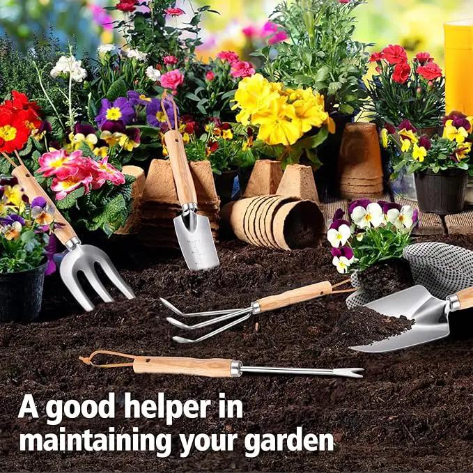 Garden Tools 5-Pieces, Heavy Duty Gardening Hand Tools with Wooden Handle, Canvas Gloves, Stainless Steel Material, Rust-Proof Garden Tool Set, Ideal Gardening Gifts for Women by GreenHaven Gardens