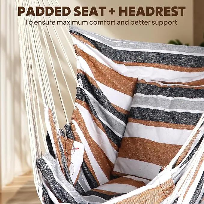Chihee Hammock Chair Hanging Chair with Foot Rest 2 Cushions Max 500lbs Robust Metal Spreader Bar Collapsible Easy Storage Soft Cotton Swing Chair Strong Strap Iron Carabiner Side Pocket Included by GreenHaven Gardens