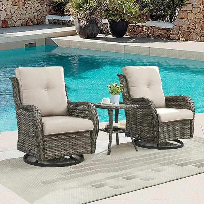 Outdoor Patio Swivel Rocker Chairs - 3 Piece Patio Bistro Set,Wicker Patio Furniture Set with 2 Swivel Rocking Chairs and 1 Glass Top Side Table for Deck Porch Garden,Mixed Grey/Beige by GreenHaven Gardens