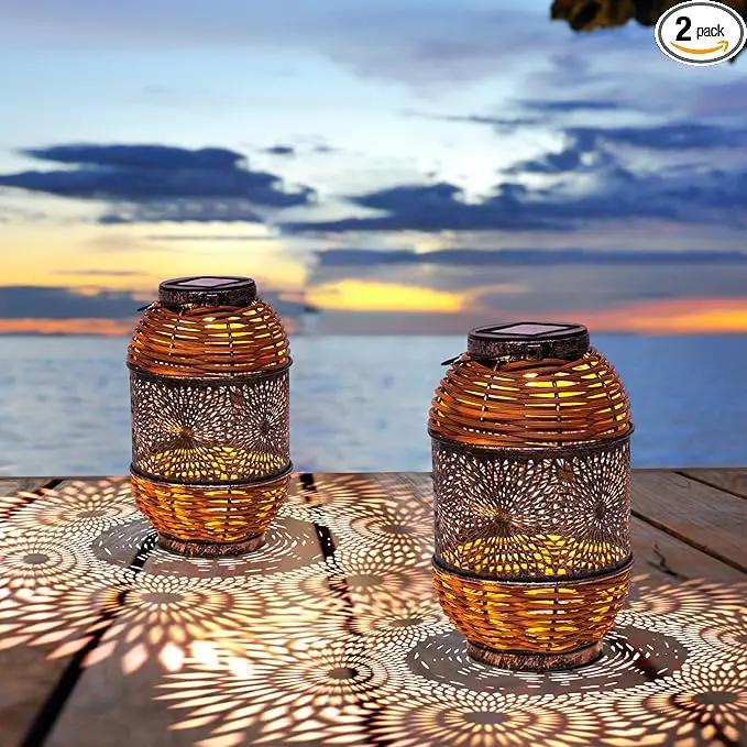 2 Pack Solar Lanterns Outdoor,Rattan with Metal Decorative Garden Hanging Lanterns Waterproof Christmas Gifts for Women LED Light with Handle for Table,Patio,Pathway,Pergolas,Tree,Yard,Fence,Hook by GreenHaven Gardens