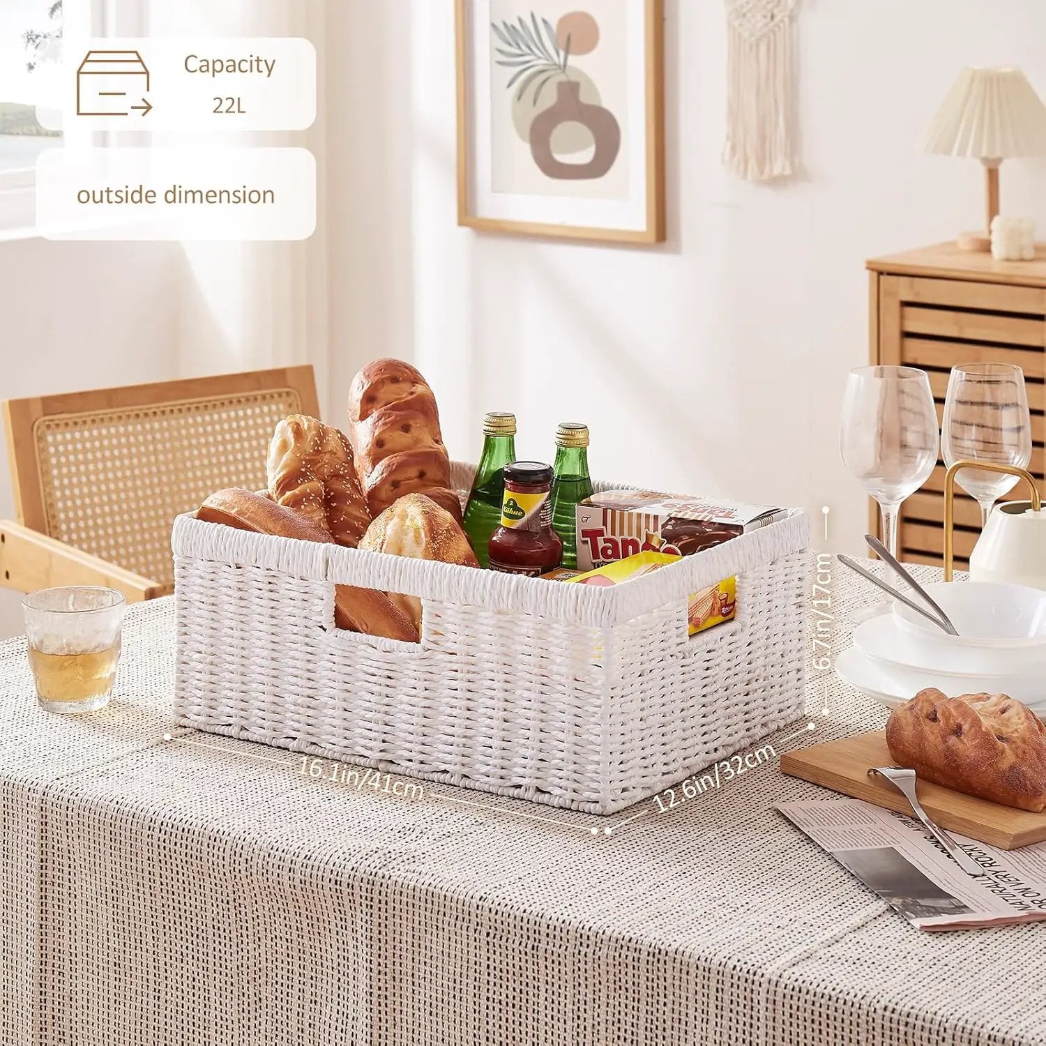 OIAHOMY Wicker Basket, Paper Shelf Basket with Built-in Handles, Rectangular Wicker Storage Bin for Pantry, Shelves, 1 Pack-White by GreenHaven Gardens