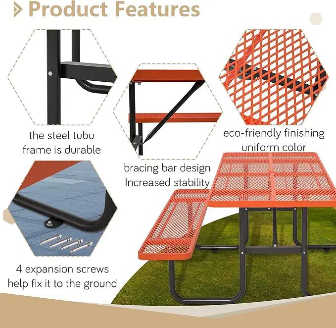 72'' Steel Rectangular Picnic Table for Outdoors, Expanded, Lifetime Picnic Table with Umbrella Hole, Heavy Duty Sturdy Commercial Picnic Tables for Garden Courtyard BBQ, Orange by GreenHaven Gardens