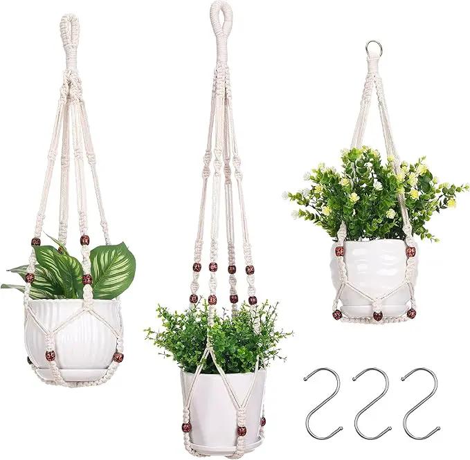 YIBOT 3 Pack Macrame Plant Hanger Indoor Hanging Planter Basket with 3 Hooks Flower Pot Holder No Tassels for Boho Home Decor 35"/29"/23" by GreenHaven Gardens