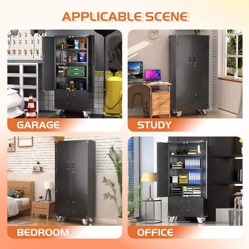 Aobabo Garage Metal Storage Cabinet with Wheels, Lockable Steel Storage Cabinet with 2 Large Drawer and 3 Adjustable Shelves, for Home, Office, Classroom, Black, Assembly Required by GreenHaven Gardens