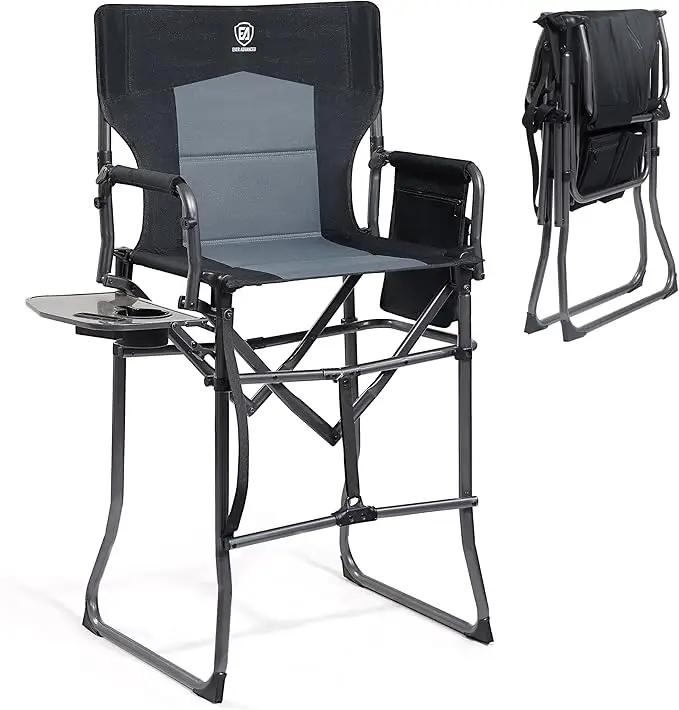 EVER ADVANCED Portable 30.7" Seat Height Tall Folding Camping Chair Directors Chair High Foldable Bar Stool with Side Table for Makeup Artist, Sports Event, Craft Show, Supports 350LBS Black Grey by GreenHaven Gardens