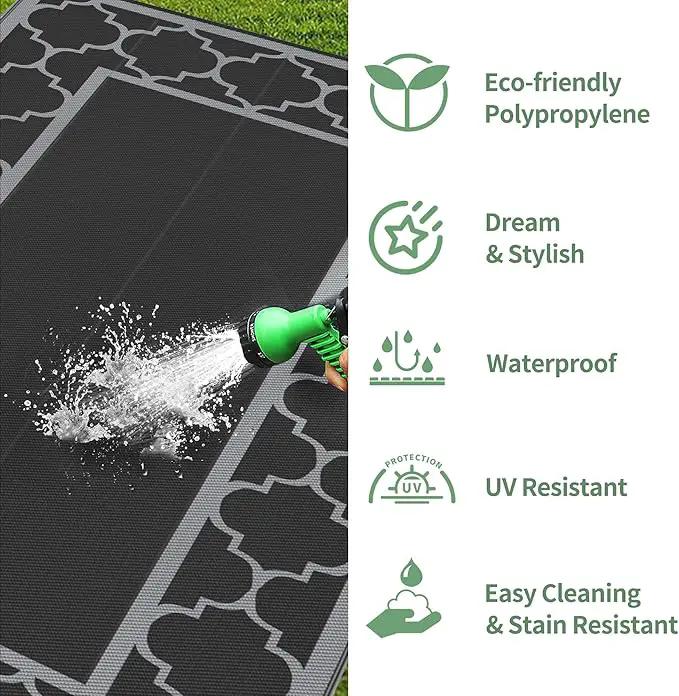 GENIMO 9' x 18' Outdoor Rug Waterproof for Patio, Foldable Reversible Plastic Straw Area Rugs Mat for Rv Decor, Outside Carpet for Camper, Deck, Picnic, Beach, Balcony, Porch, Black & Grey by GreenHaven Gardens