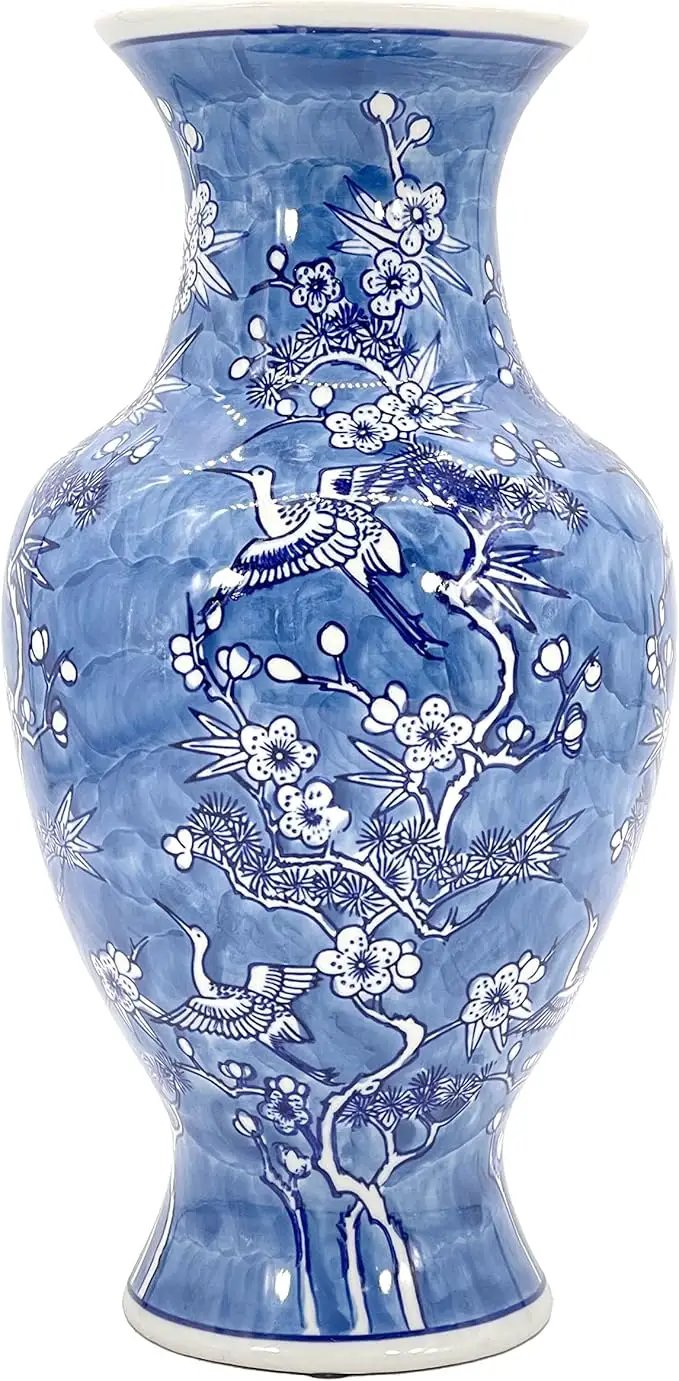Galt International White & Blue Floral Crane Chinoiserie Ceramic Vase 14" - Hand Painted Antique Style Porcelain Bird & Flower Bottle Fishtail Porcelain Chinese Vase for Home Decor Centerpiece by GreenHaven Gardens