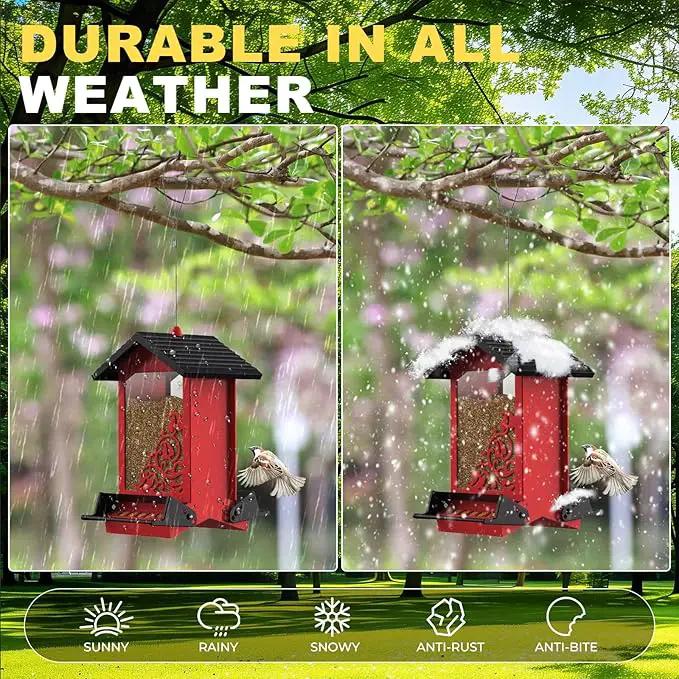 Squirrel Proof Bird Feeder for Outdoor Hanging,Metal Bird Seed Feeder with Bilateral Weight Activated Perches,5LB Large Capacity Wild Bird Feeders for Outside,Easy Refill and Clean,Red by GreenHaven Gardens