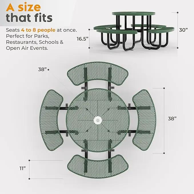 Metal Picnic Tables for Outdoors with Umbrella Hole - Coated Steel Heavy Duty Commercial Grade Table with Adjustable Seats (Green, 38 in, Round, Expanded Steel) by GreenHaven Gardens