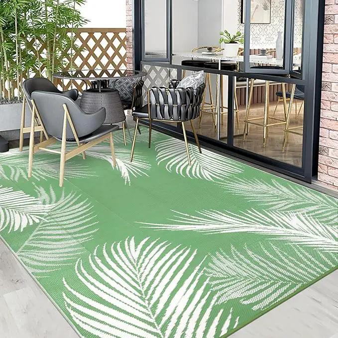 Pauwer Waterproof Outdoor Rug 8x10, Reversible Plastic Straw Patio Camping Rug, Indoor Outdoor RV Mat Carpet for Deck, Camper, Porch, Balcony, Backyard, Picnic, Leaf Green by GreenHaven Gardens