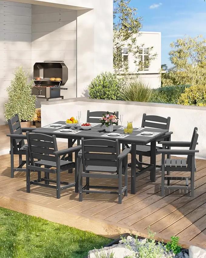 Patio Dining Set for 6 with Umbrella Hole - 66" Outdoor Table & 6 Chairs, All-Weather HDPE Outdoor Furniture for Lawn, Garden, Backyard, Poolside, Gray by GreenHaven Gardens