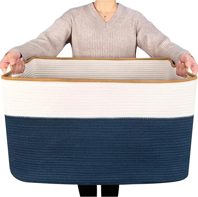 MINTWOOD Design 22in Extra Large Blanket Basket Holder Living Room, Rectangle Rope Woven Storage Basket with Handles for Laundry, Pool Towels, and Shoes, Dog Toy Organizer Bin Box, Prussian Blue by GreenHaven Gardens