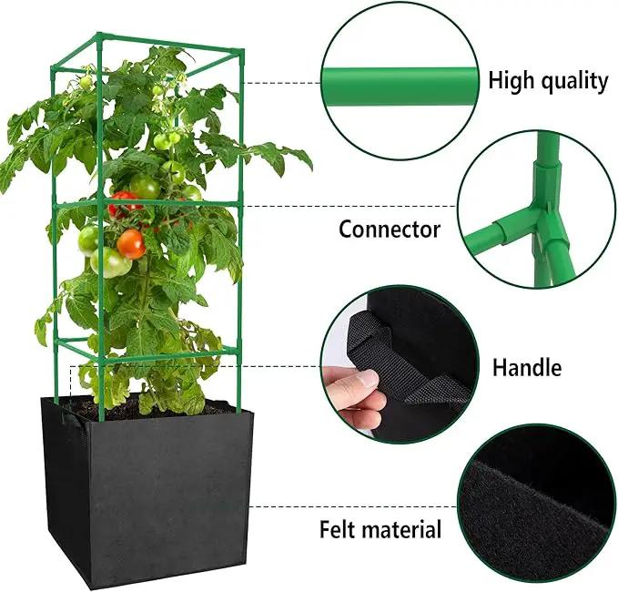 3 Packs 47 x 16 x 16 Inch Garden Tomato Cages with 17.7 Gallon Grow Bags- Square Plant Support Trellis Assembled with Planter Bags- Garden Cucumber Vegetables Frames for Vertical Climbing Plants by GreenHaven Gardens