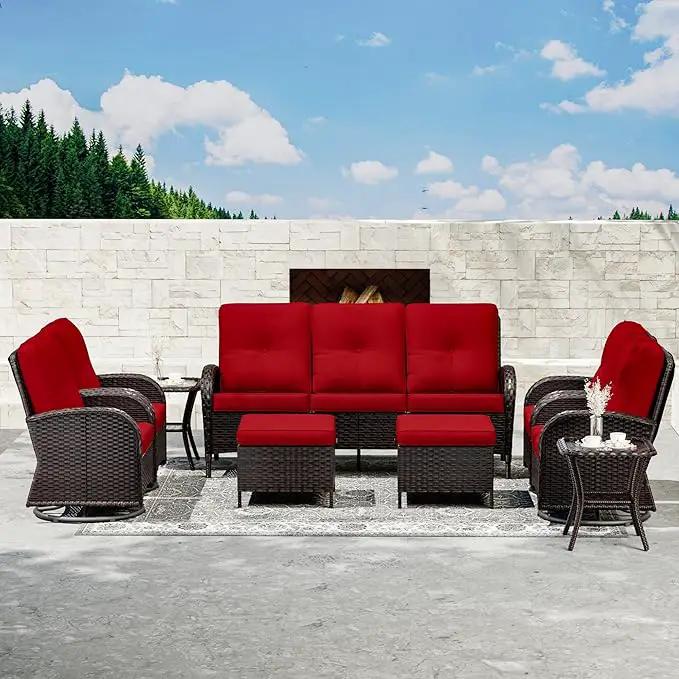 Joyside 9 Piece Patio Furniture Set, Outdoor Wicker Conversation Sets with Swivel Rocker Chairs and Sofa, Thick Cushion, Rattan Patio Sectional for Porch, Deck Use (Brown/Red, 9 PCS) by GreenHaven Gardens