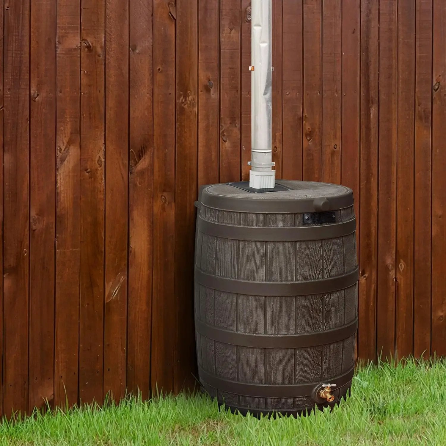 Good Ideas 50 Gallon Large Faux Wood Plastic Rain Water Barrel Collector with Brass Spigot for Rainwater Collection and Storage, Oak, 2 Pack by GreenHaven Gardens