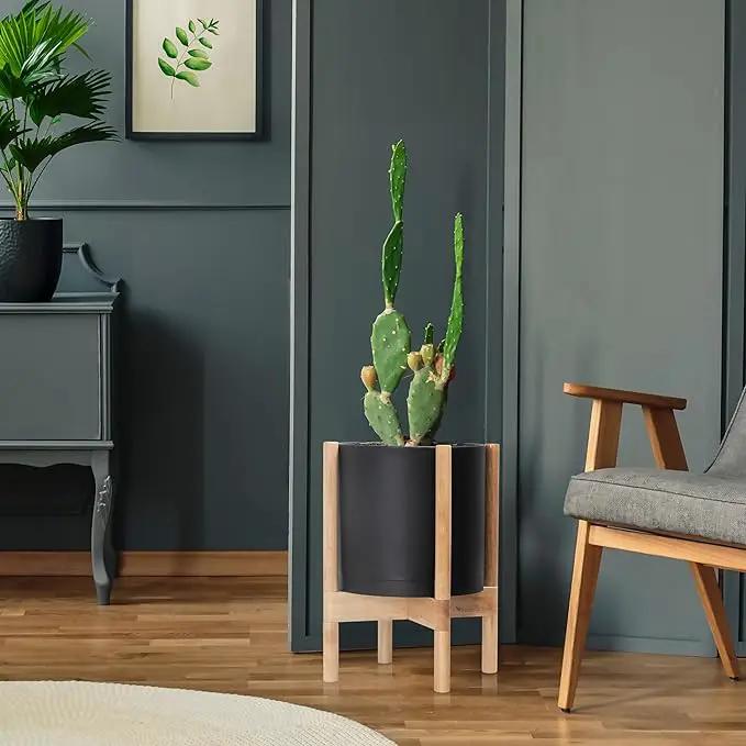 D'vine Dev Planter Pot with Stand - 12 Inch Plastic Cylinder Flower Pot with Wood Planter Holder for Indoor, Matte Black Pot + Natural Stand, 55-C-P-2 by GreenHaven Gardens