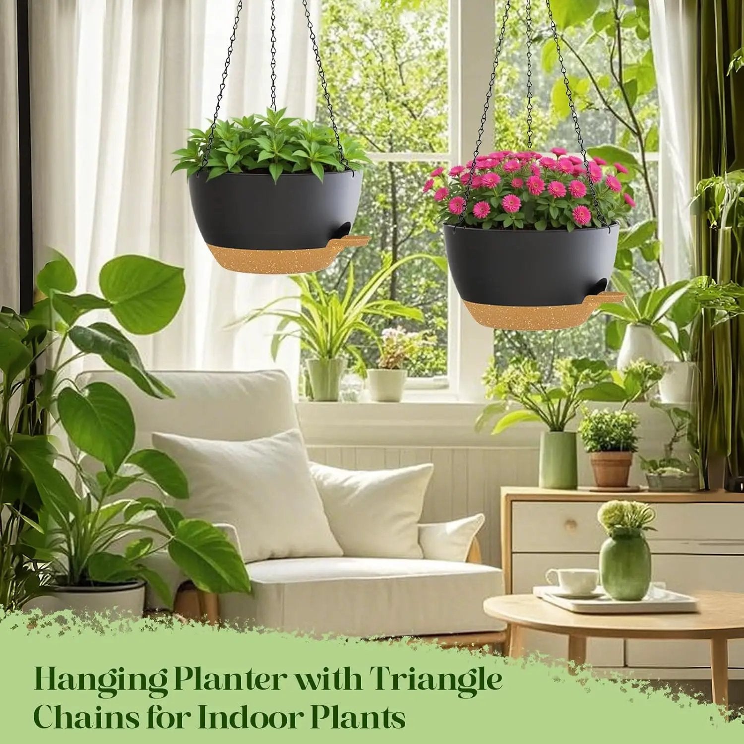 10 Inch Hanging Planters with Chains 2 Pack Self Watering Black Brown Plastic Hanging Pots for Indoor Outdoor Plants, Garden Porch Home Decor (Black Brown) by GreenHaven Gardens