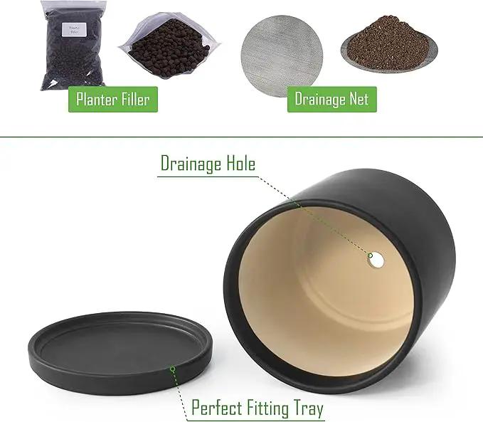 D'vine Dev 8 Inch Ceramic Planter Pot with Drainage Hole and Saucer, Indoor Cylinder Round Planter Pot, Black, 94-O-D-2 by GreenHaven Gardens