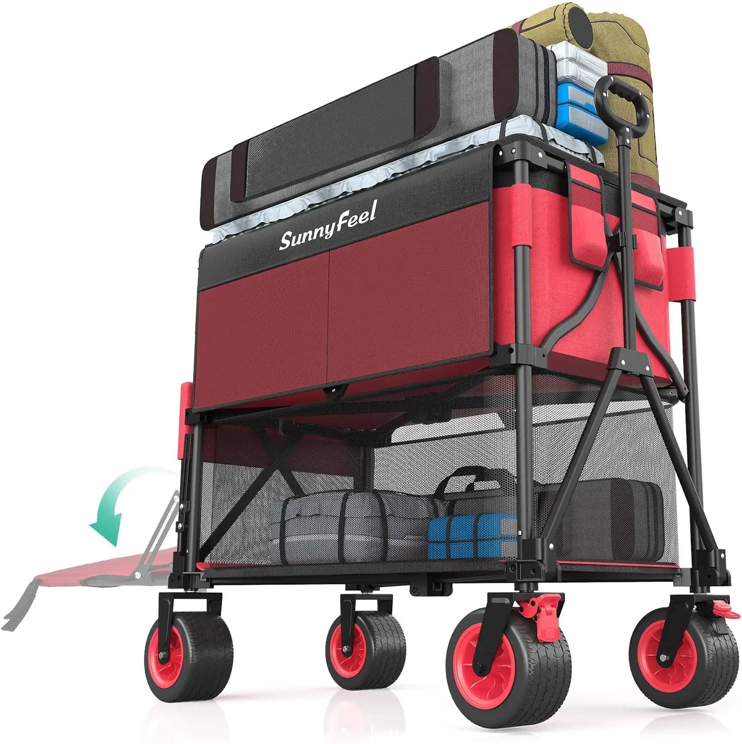 SUNNYFEEL Heavy Duty Collapsible Outdoor Utility Wagon Cart 500LB Capacity Adjustable Handlebar,Foldable Beach Wheels Stable Durable Oxford Fabric for Shopping Garden Camping (Red, Double Deck) by GreenHaven Gardens