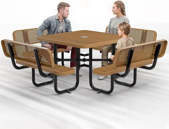 Metal Picnic Tables for Outdoors with Umbrella Hole - Coated Steel Heavy Duty Commercial Grade Table with Adjustable Seats (Brown, 46 in, Square with Back, Expanded Steel) by GreenHaven Gardens