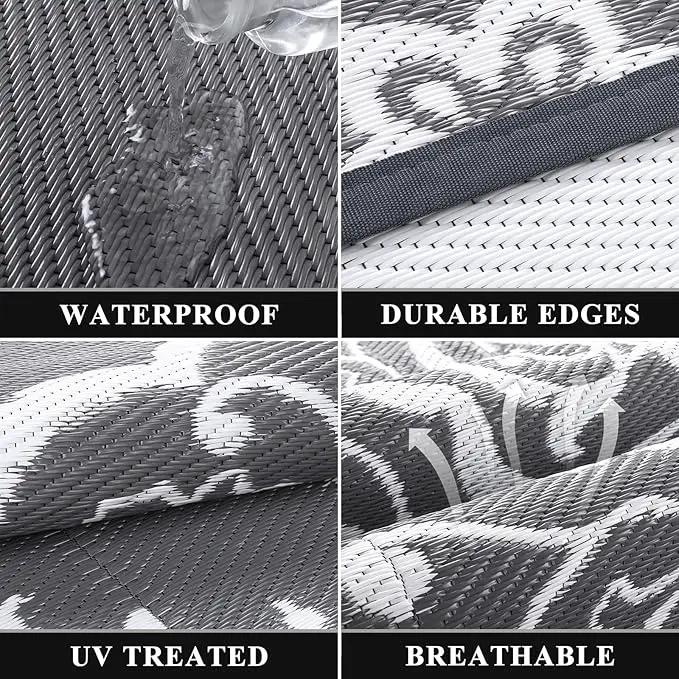 Pauwer Waterproof Outdoor Rug 8x10, Reversible Plastic Straw Patio Camping Rug, Indoor Outdoor RV Mat Carpet for Deck, Camper, Porch, Balcony, Backyard, Picnic, Boho Grey by GreenHaven Gardens