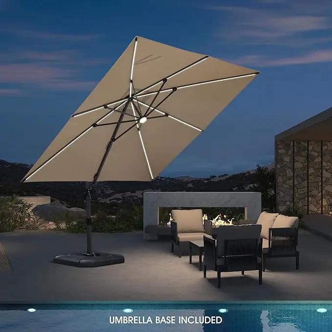 PURPLE LEAF 10 Feet Patio Umbrella with Base Outdoor Cantilever Solar Powered LED Square Umbrella Aluminum Offset Umbrella with 360-degree Rotation for Garden Deck Pool Patio, Beige by GreenHaven Gardens