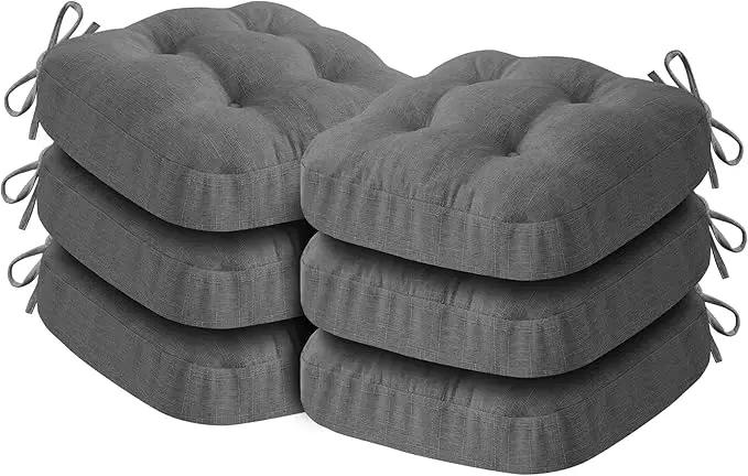 Chair Cushions for Dining Chairs, Dining Chair Cushions, Tufted Indoor Chair Pads with Ties & Non Slip Backing, Seat Cushions for Kitchen Chairs 16.5” x 16.5” x 3.5”, Set of 6, Grey by GreenHaven Gardens