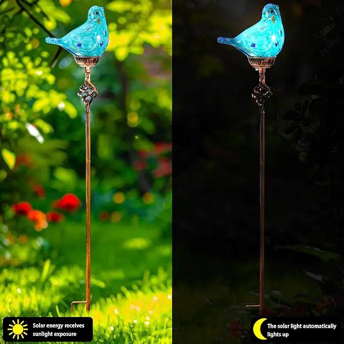Decorative Solar Lights, Outdoor Solar Bird Stake Lights, Hand Blown Glass Decorative Garden Pathway Lights Outdoor Waterproof Glass Stakes (Light Blue) by GreenHaven Gardens