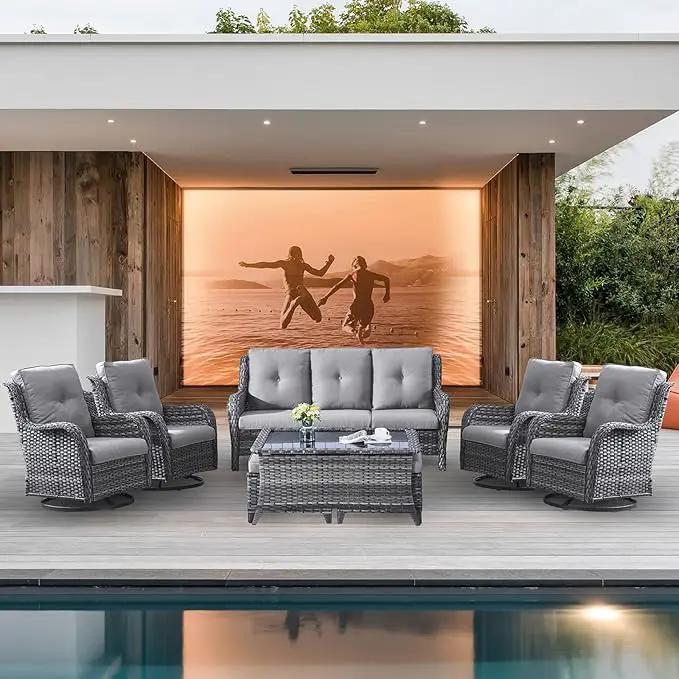Wicker Patio Furniture Sets - 8 Piece Outdoor Rattan Furniture Conversation Sets with 4 Swivel Rocker Chairs, Rattan Sofa, Wicker Ottomans and Coffee Table, Mixed Grey/Grey by GreenHaven Gardens