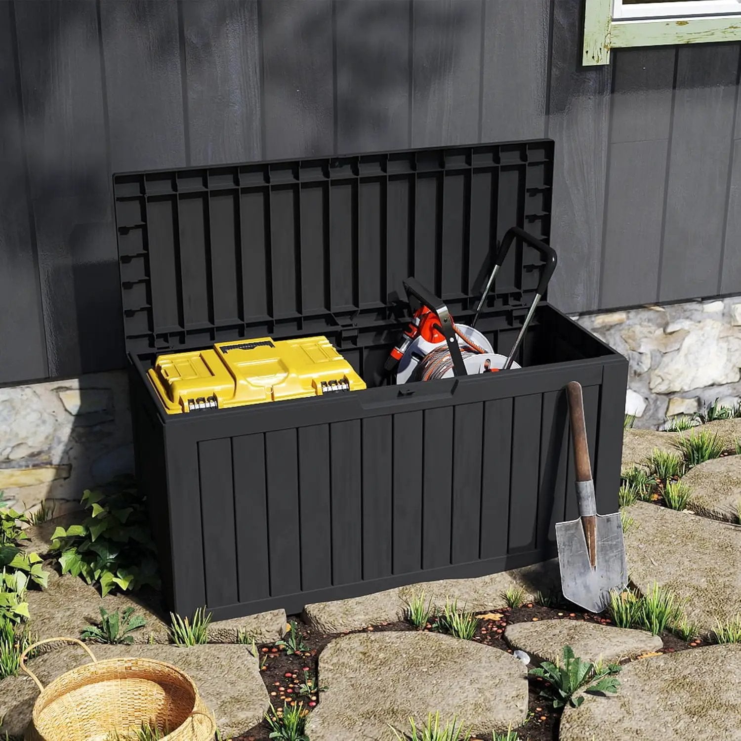 80GAL Black Resin Deck Box - Large Waterproof Storage for Patio Furniture, Pool Floats & Garden Supplies - Lockable, UV-Resistant for Backyards, Pool Decks by GreenHaven Gardens