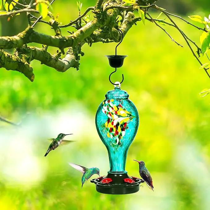 LUJII Hummingbird Feeder for Outdoors, Hand Blown Glass Humming Bird Feeder, Anti Fade Leakproof with 25 Ounces Nectar Capacity, Easy to Install Clean Refill, Include Hook & Ant Moat (Teal) by GreenHaven Gardens