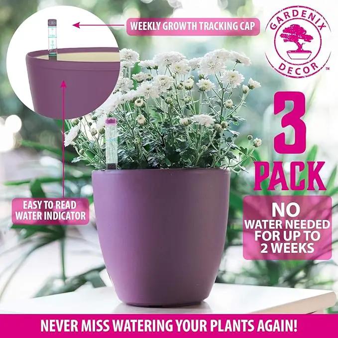 GARDENIX DECOR Self Watering Pots for Indoor Plants 3 Pack - Flower Pot with Water Level Indicator for Plants, Grow Tracking Tool - Self Watering Planter Plant Pot - Coco Coir - Purple by GreenHaven Gardens