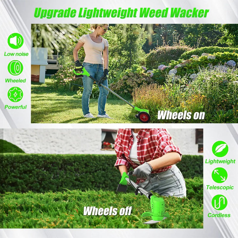 Electric Weed Wacker Eater Cordless Battery Powered, Weed Trimmer 21V Lightweight No-String with 2 Battery Operated & Wheels, 3 in 1 Stringless Grass Trimmer/Edger/Brush Cutter for Garden Yard Lawn by GreenHaven Gardens