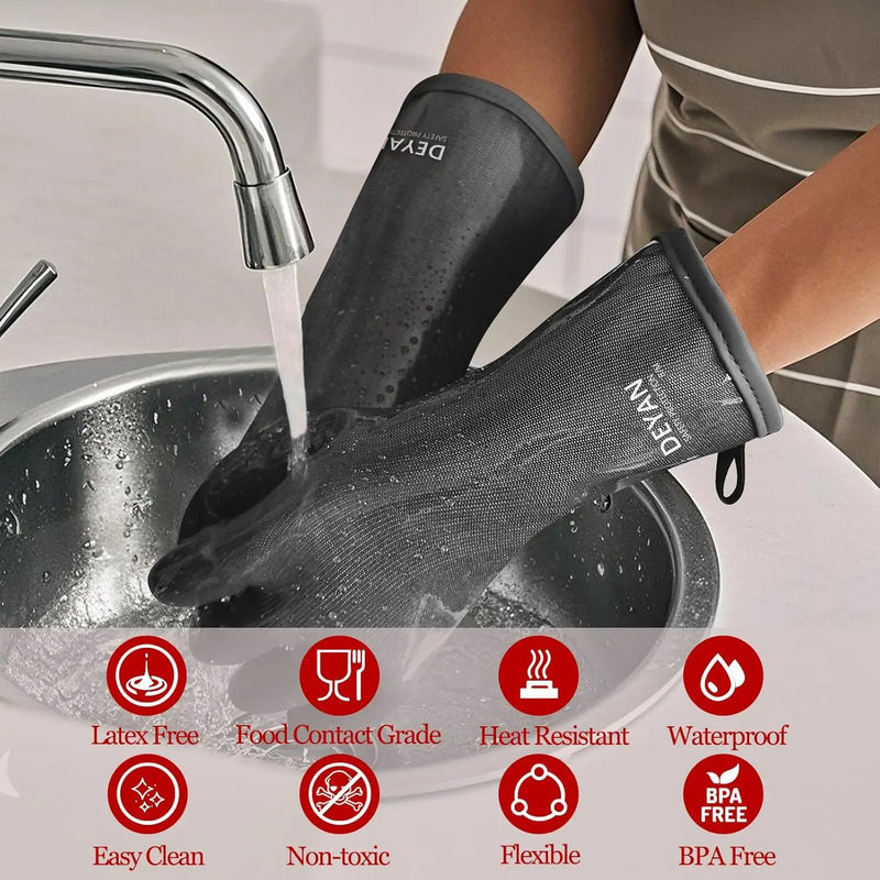 DEYAN Silicone BBQ & Oven Gloves - Food Grade, Heat Resistant Waterproof & Oil Proof Gloves for Grilling, Baking, Frying, Cooking - Long Sleeve & Non-Slip Grip, 1 Pair(Black, 10/XL) by GreenHaven Gardens