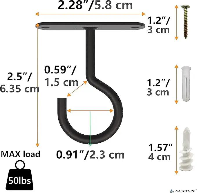 NACETURE Ceiling Hooks for Hanging Plants 2 Pack - Square Wall Mount Plant Hanger Indoor Hanging Hooks Metal Plant Bracket Iron Lanterns Hangers for Wind Chimes, Planters (2.5" Black 2 Pack) by GreenHaven Gardens