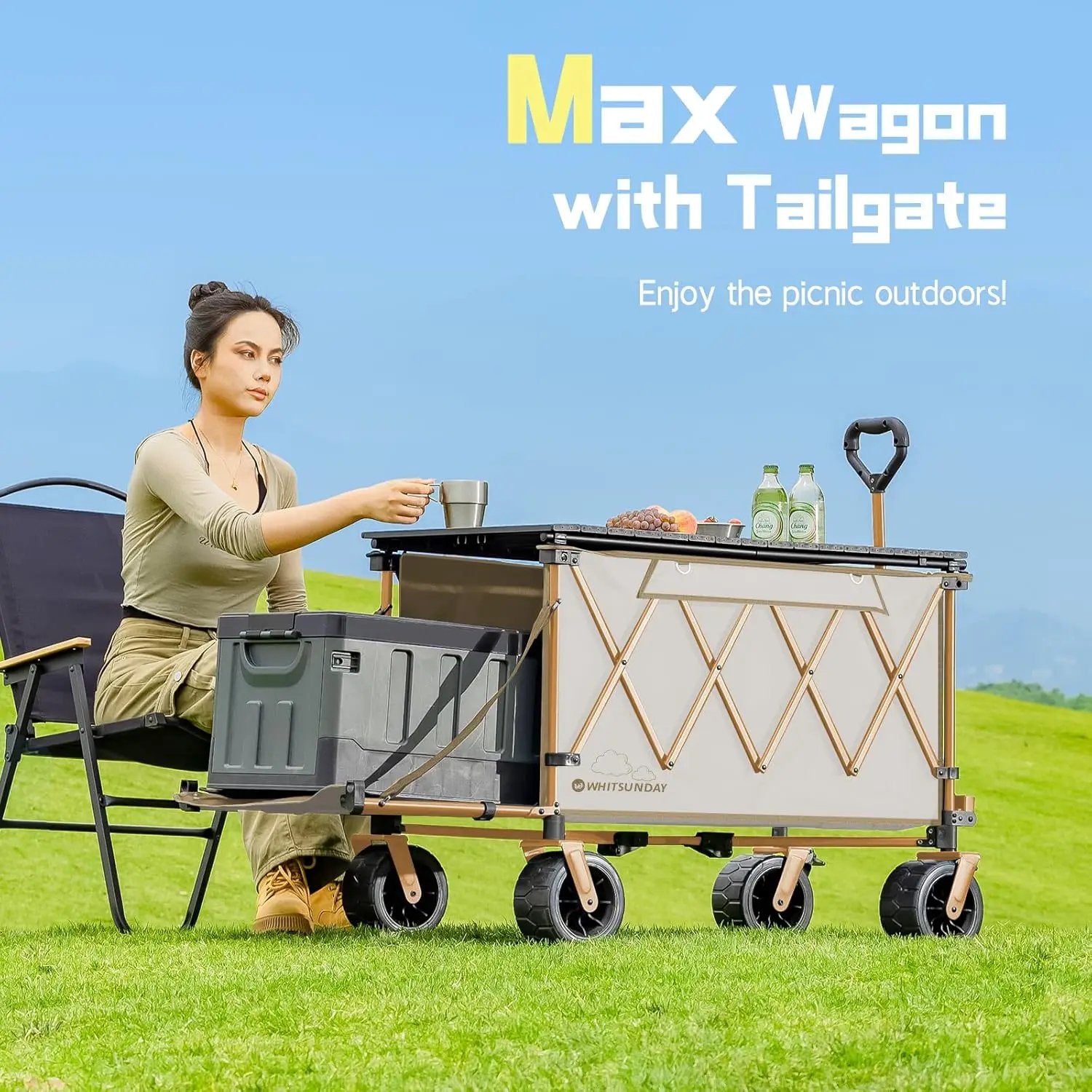 Whitsunday Collapsible Folding Wagon with Table, Heavy Duty Utility Beach Wagons with Opened Tailgate and All-Terrain Wheels for Camping,Garden,Sports (Max Beige) by GreenHaven Gardens