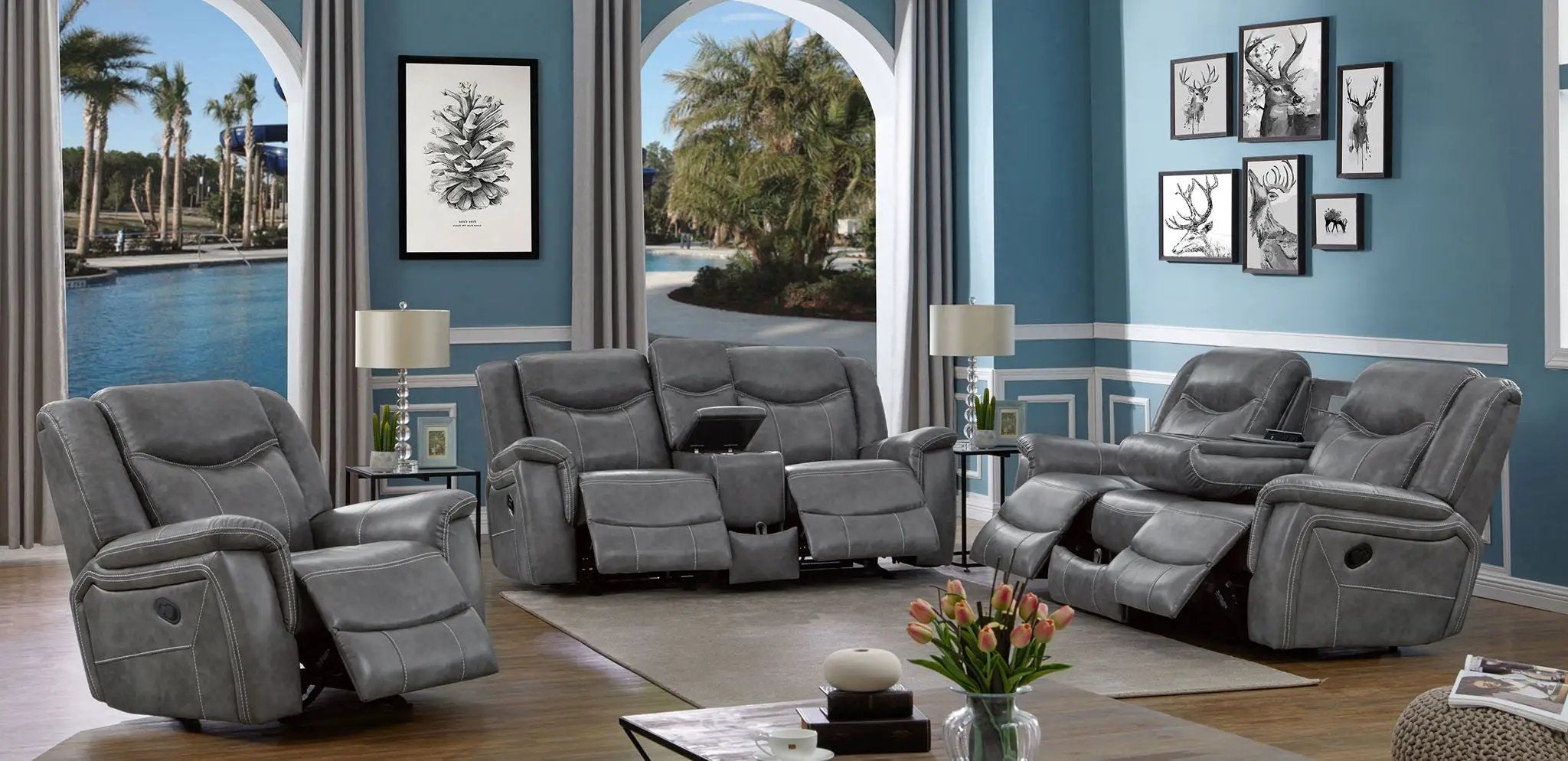 Conrad 3-piece Upholstered Padded Arm Motion Sofa Set Grey by Unique Piece Furniture