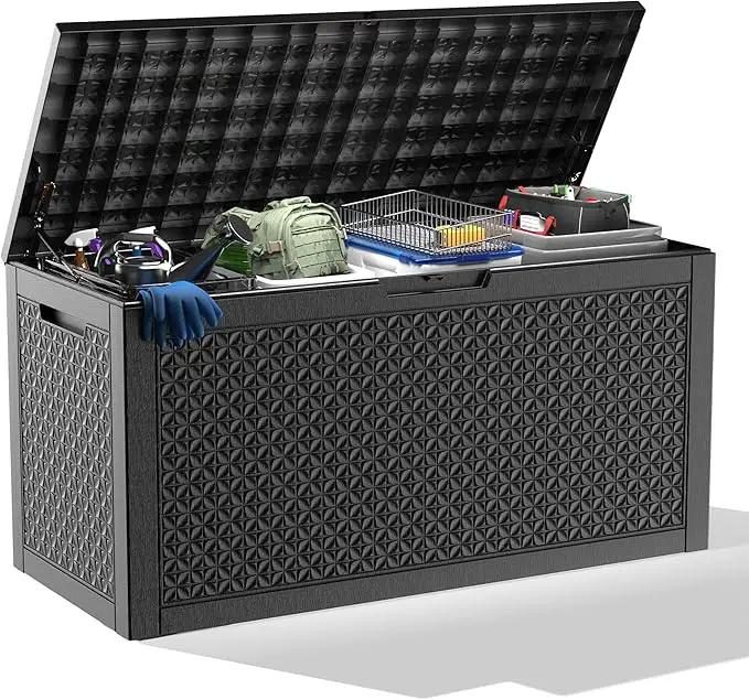 100 Gallon Resin Deck Box, Lockable Outdoor Storage Box for Patio Cushions Storage Furniture,Garden Tools, Pool Supplies, Weatherproof and UV Resistant（Black L） by GreenHaven Gardens