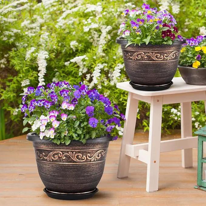 Plastic-Plant-Flower-Planters-14 Inch with Drainage Hole & Saucer, 3 Packs Lightweight Large Resin Flower Pot Indoor Outdoor, Retro Antique Imitation Decorative Garden Containers Sets for Houseplants by GreenHaven Gardens