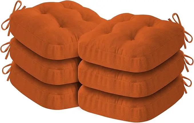Chair Cushions for Dining Chairs, Dining Chair Cushions, Tufted Indoor Chair Pads with Ties & Non Slip Backing, Seat Cushions for Kitchen Chairs 16.5” x 16.5” x 3.5”, Set of 6, Orange by GreenHaven Gardens