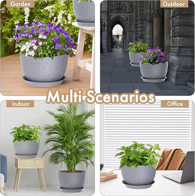12 Inch Wide Water Ripples Flower Pots for Indoor or Outdoor Plants, Large Plant Pots with Drainage Holes & Saucer, Plastic Planters Set for Garden & Home Decor (Grey with White Speckles) by GreenHaven Gardens