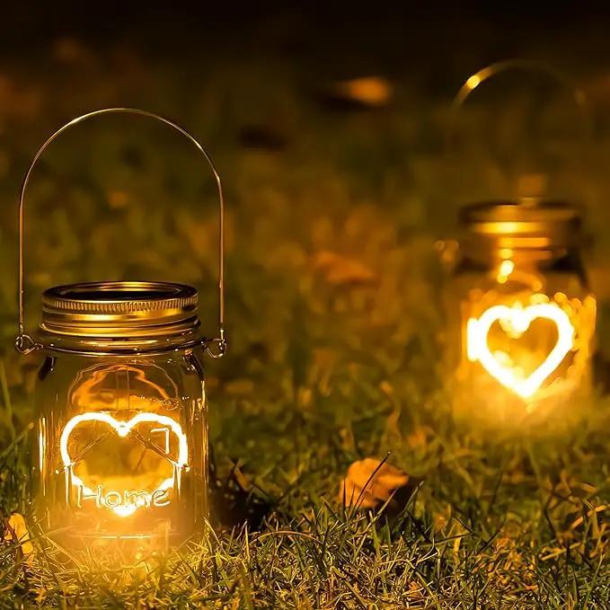 Hanging Solar Mason Jar Lights, 2 Pack Warm Heart Shape Led Lights, Solar Powered Lanterns Outdoor Waterproof, Hangers and Jars Included, Gift for Lover, Home Party Wedding Garden Patio Decor (2) by GreenHaven Gardens