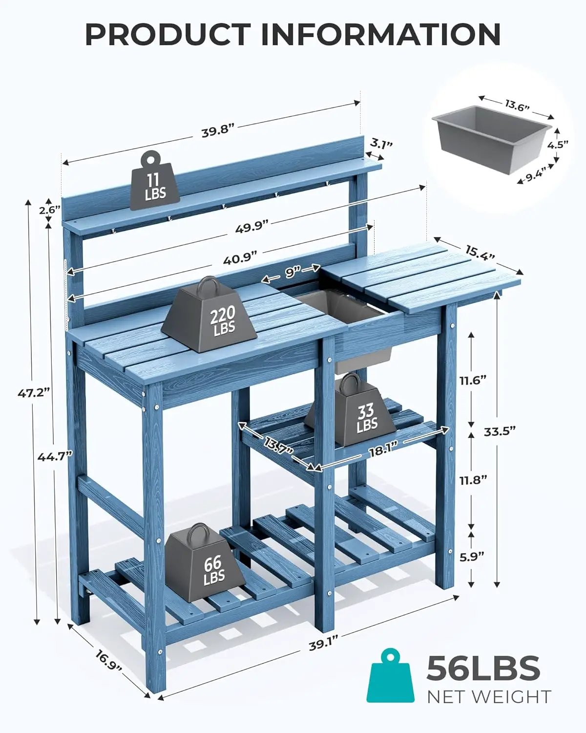 SERWALL Potting Table Outdoor Potting Bench with Sink, HDPE Potting Benches for Outside All Weather Use- Blue by GreenHaven Gardens