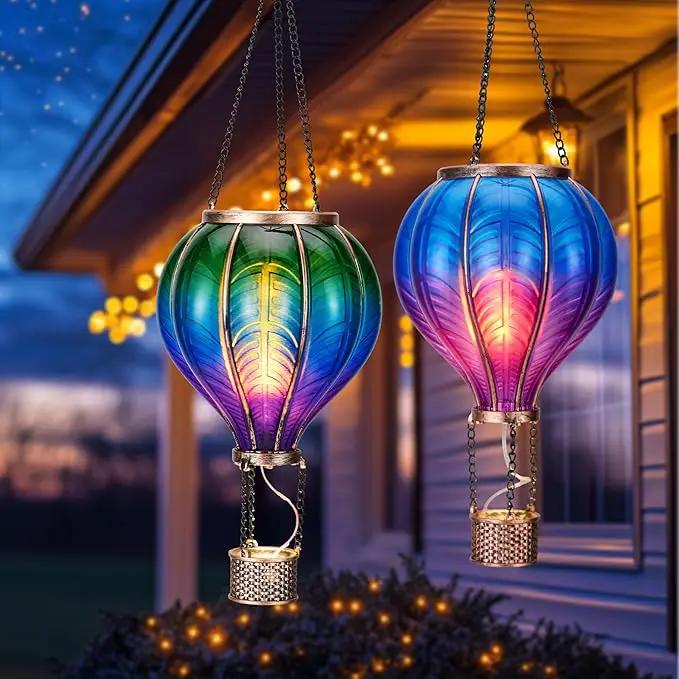 TERESA'S COLLECTIONS 2 Pack Hanging Solar Lantern Outdoor Garden Decor for Valentine ,Waterproof Plastic Hot Air Balloon Green Flickering Flame Effect Lantern for Yard Tree ,18" by GreenHaven Gardens