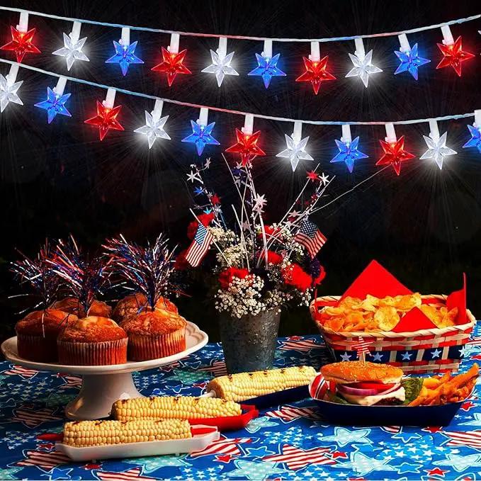 100 LED Red White and Blue Star Lights, 37FT 4th of July Star String Lights Plug in for Home Patio Garden Yard Memorial Day Independence Day Patriotic Decorations Outdoor, White Wire