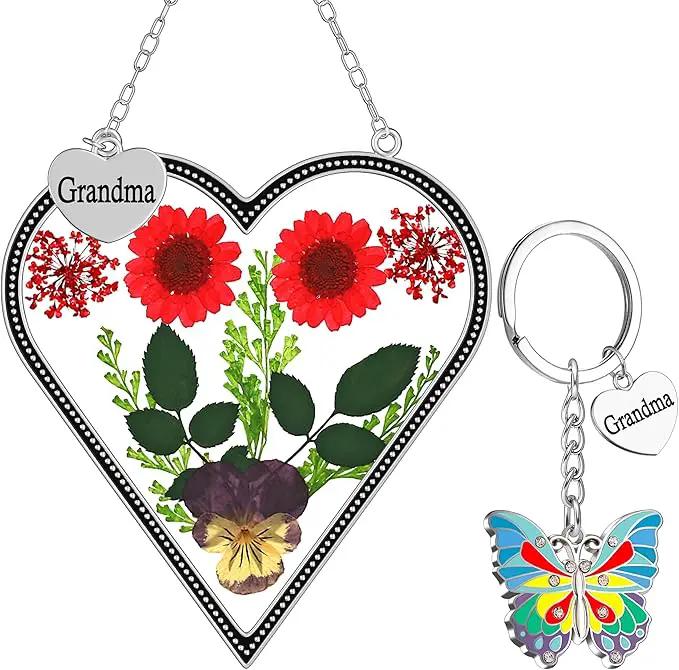 KY&BOSAM Heart Suncatcher Grandma Gifts Glass Butterfly Suncatchers for Window Pressed Flower Between Heart in Glass Metal Engraved Charm Gift for Women Mother's Day Valentine's Birthday Christmas by GreenHaven Gardens