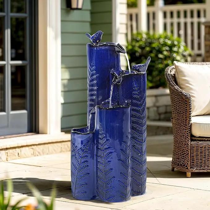 32" H Ceramic Outdoor Water Fountain with LED Lights, 4-Tier Vase Outdoor Fountain, Cobalt Blue Glaze, Embossed Fern Pattern, Cascading Waterfall for Tranquil Garden, Patio, or Porch by GreenHaven Gardens