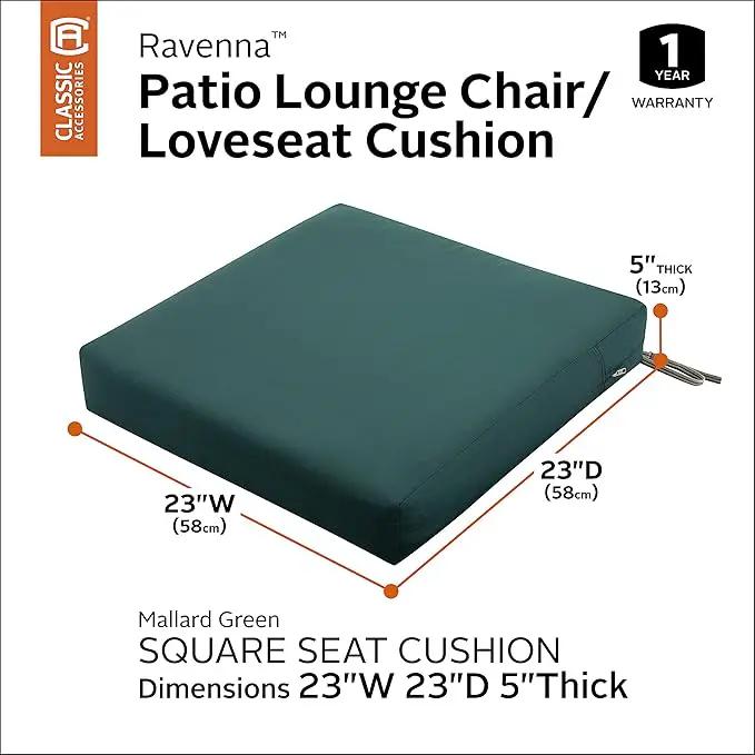 Classic Accessories Ravenna Water-Resistant 23 x 23 x 5 Inch Square Patio Seat Cushion Slip Cover & Foam, Mallard Green, Lounge Chair Cushion by GreenHaven Gardens