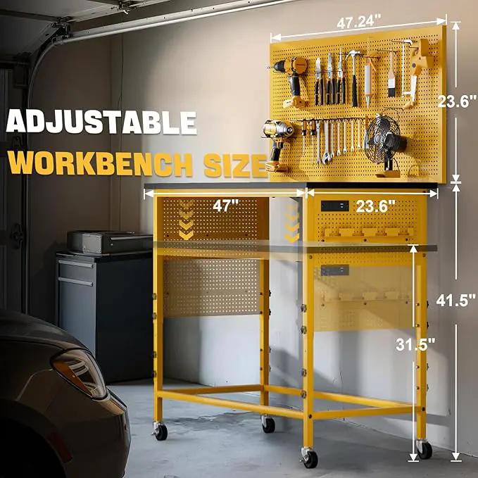 47" Heavy Duty Adjustable Workbench with Power Outlets, Pegboard & Locking Wheels - 2100LB Capacity Garage Work Table, Compatible with DeWalt Battery, Reinforced Steel Frame for Workshop & Home Use by GreenHaven Gardens